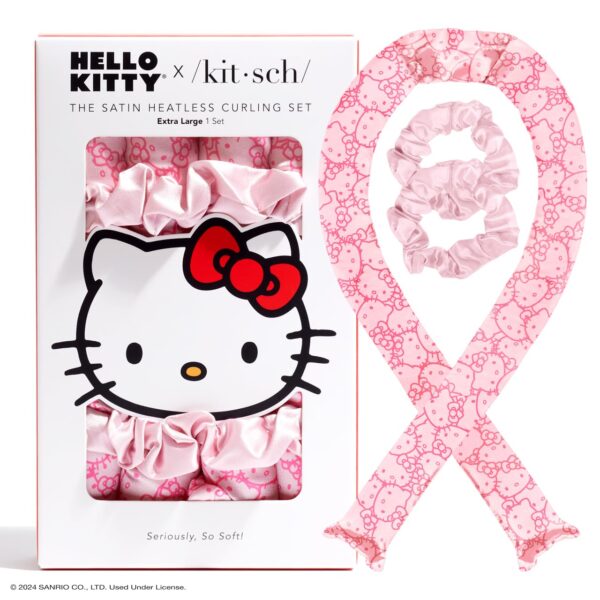 Hello Kitty x Kitsch Satin Jumbo Overnight Heatless Curling Set - Hair Rollers and Curling Rod Headband for No-Heat Soft Curls - Pink Kitty Faces