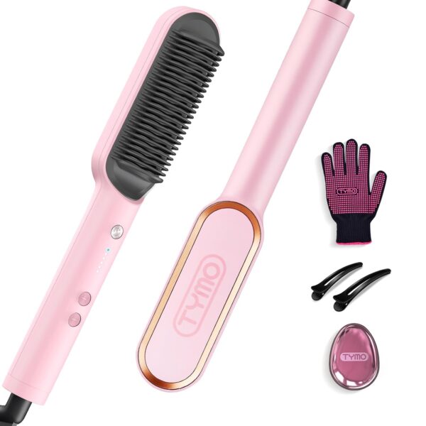 Hair Straightener Brush, TYMO Ring Hair Straightener Comb Straightening Brush for Women with 5 Temps 20s Fast Heating & Dual Voltage, Pink