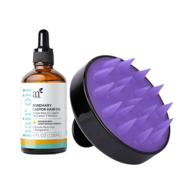 Artnaturals Rosemary Castor Hair Growth Oil & Massager Set, 4 oz - Enriched with Coconut & Olive Oil