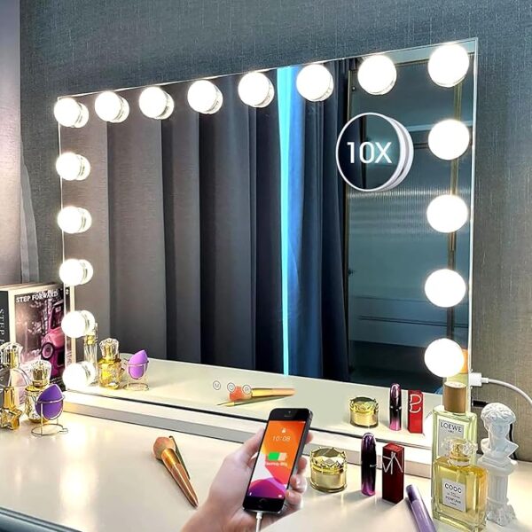 Kottova Vanity Makeup Mirror, 27.6" x21.6'' Hollywood Lighted 18 LED - 3 Colors Modes, Touch Control, USB Charger - 10X Spot Mirror, Metal Frame