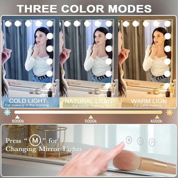 Kottova Vanity Makeup Mirror, 27.6" x21.6'' Hollywood Lighted 18 LED - 3 Colors Modes, Touch Control, USB Charger - 10X Spot Mirror, Metal Frame - Image 3